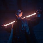 A stylish individual poses with a glowing neon stick in a dark, cyberpunk setting.