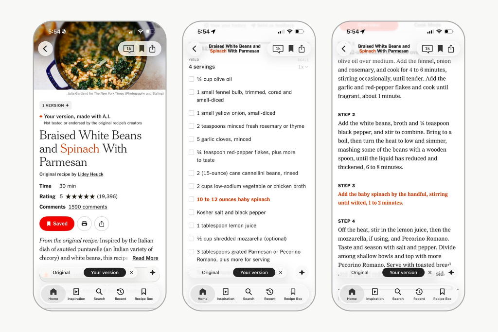 New York Times Cooking app interface showing AI recipe modification